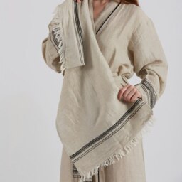 Rackhams Marl Linen Hammam Hand Towel - Off-White with Black Stripes - thumbnail 6