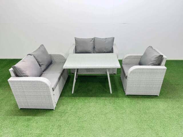 Rackhams 5 Seater Outdoor Rattan Garden Furniture Set Love Sofa Reclining Chair Set with Rectangular Dining Table Light Grey - image 1