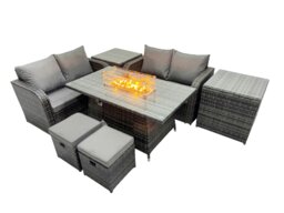 Rackhams 6 seater Patio Gas Firpit Dining Table Sofa Sets Rattan Garden Furniture Dining Set with 2 Side Tables 2 Small Stools Dark Grey Mixed - thumbnail 2
