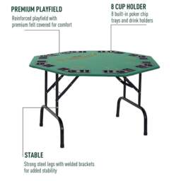 Rackhams 8 Player Folding Games Poker Table Chip Cup Holder Steel Base Green - 120cmx120cmx70cm - Green/Black - MDF, Lint Felt, ABS, Steel - thumbnail 4