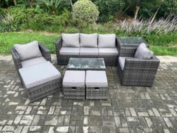 Rackhams Outdoor Rattan Garden Furniture Set with 3 Seater Sofa Coffee Table Side Table 2 Armchairs 3 Footstools Patio Lounge Sofa Set Dark Grey Mixed - thumbnail 1