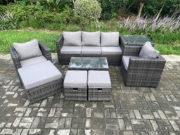 Rackhams Outdoor Rattan Garden Furniture Set with 3 Seater Sofa Coffee Table Side Table 2 Armchairs 3 Footstools Patio Lounge Sofa Set Dark Grey Mixed - thumbnail 2