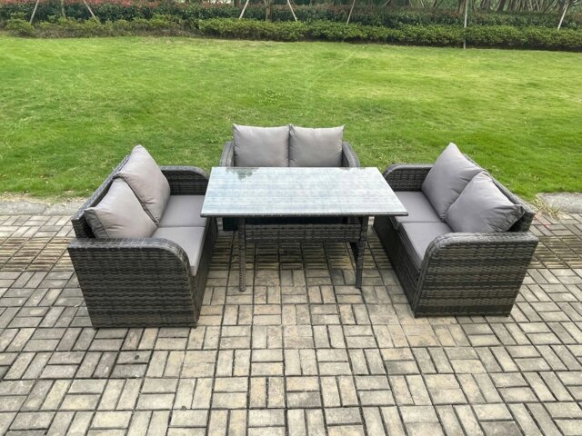 Rackhams Wicker PE Rattan Sofa Outdoor Garden Furniture Set with Rectangular Dining Table Dark Grey Mixed - image 1