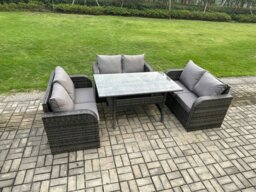 Rackhams Wicker PE Rattan Sofa Outdoor Garden Furniture Set with Rectangular Dining Table Dark Grey Mixed - thumbnail 2