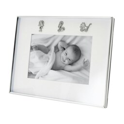 Rackhams Modern Baby Picture Frame in Silver Plating with Pram Booties and Rattle Icons - thumbnail 1