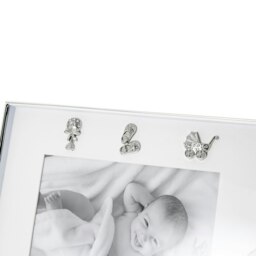 Rackhams Modern Baby Picture Frame in Silver Plating with Pram Booties and Rattle Icons - thumbnail 4
