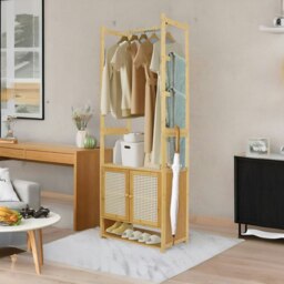 Rackhams Wooden Hall Tree Coat Stand With Shoe Rack Natural Brown - thumbnail 5