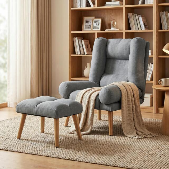 Rackhams Recliner with Footstool, Reclining Chair with Adjustable Back, Grey - image 1
