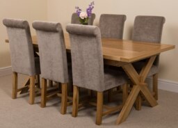 Rackhams Vermont Cross Leg Oak Extending Dining Table with Washington Fabric Chairs - 6 chairs - Grey