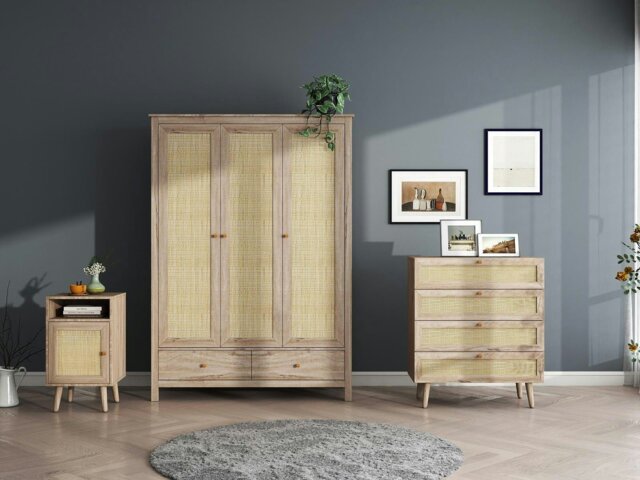 Rackhams Willow Rattan 3 Piece Bedroom Set with 3 Door Wardrobe, Bedside Table & Chest of 4 Drawers - Oak and Rattan