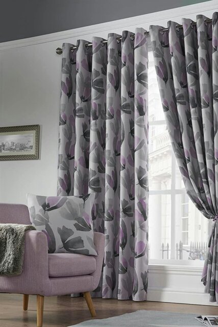 "Rackhams Amsterdam Floral Fully Lined Blackout Eyelet Curtains - Purple - 66 x 90""" - image 1