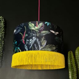 "Rackhams Handmade Fringed Velvet Lampshade in Carbon - Ceiling Pendant / Arc Lamp - 25cm diameter x 25cm Height (10"" x 10"")" - thumbnail 2