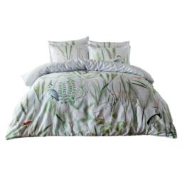 Rackhams Aaliyah Botanical Duvet Cover Set - White/Green/Grey - Single - White/Green/Grey - 100% Cotton - thumbnail 1