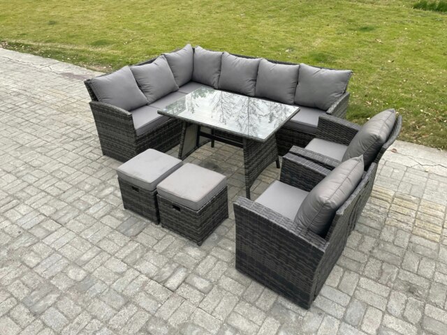 Rackhams Rattan Garden Furniture Corner Sofa Set with Oblong Dining Table 2 Small Footstools 2 Armchairs Outdoor Wicker Rattan Set Dark Grey Mixed - image 1