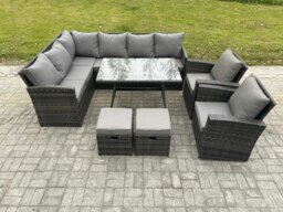 Rackhams Rattan Garden Furniture Corner Sofa Set with Oblong Dining Table 2 Small Footstools 2 Armchairs Outdoor Wicker Rattan Set Dark Grey Mixed - thumbnail 2