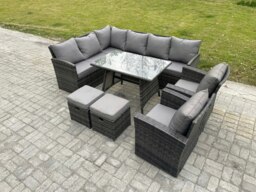 Rackhams Rattan Garden Furniture Corner Sofa Set with Oblong Dining Table 2 Small Footstools 2 Armchairs Outdoor Wicker Rattan Set Dark Grey Mixed - thumbnail 1
