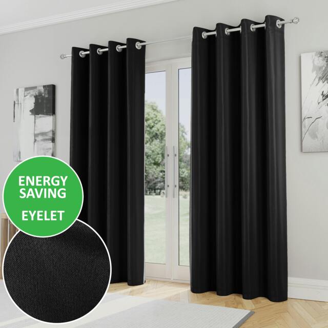 "Rackhams Black Plain Supersoft Thermal Room Darkening Eyelet Curtain - Pair for Living Room & Bedrooms - 46"" (117cm) Width x 72"" (183cm) Drop" - image 1