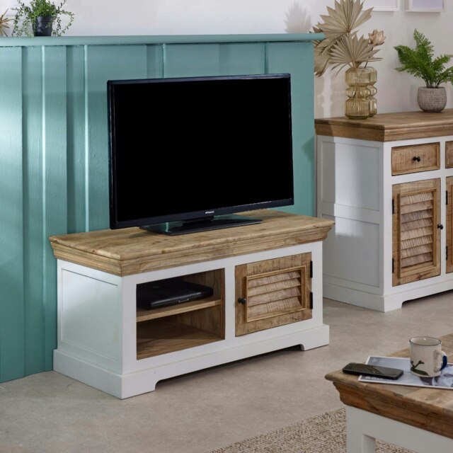 Rackhams Milano Solid Mango Wood Small TV Cabinet White - 110 cm - 50 cm - Wood - image 1