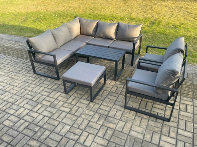 Rackhams Aluminium Outdoor Garden Furniture Set Lounge Sofa Oblong Coffee Table Sets with 2 Pcs Chair Big Footstool Indoor Conservatory Set Dark Grey