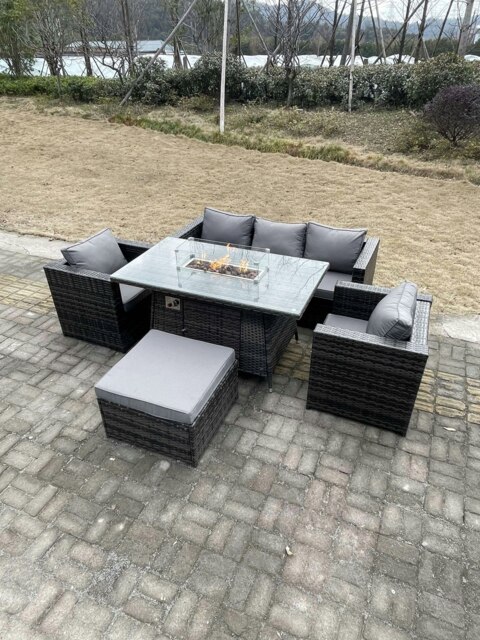 Rackhams Outdoor PE Rattan Garden Furniture Gas Fire Pit Dining Table Armchairs With Big Footstool Dark Grey Mixed - image 1