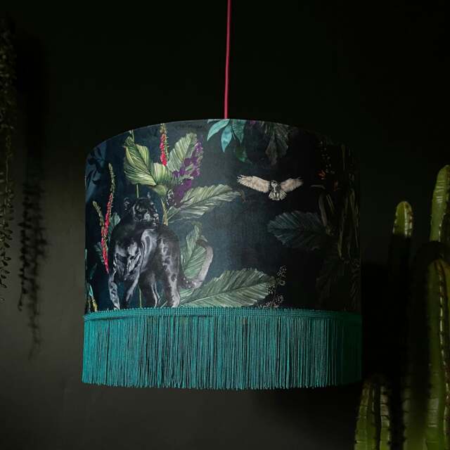 Rackhams Handmade Fringed Velvet Lampshade in Twilight - Ceiling Pendant / Arc Lamp - 45cm diameter x 25cm Height (18″ x 10″) - image 1