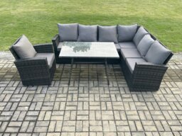 Rackhams Outdoor Furniture Garden Dining Set Rattan Corner Sofa Chair Set Rectangular Dining Table with Temper Glass Dark Grey Mixed - thumbnail 1