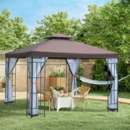 Rackhams 3 x 3(m) Patio Gazebo Canopy Garden Pavilion with 2 Tier Roof, Coffee