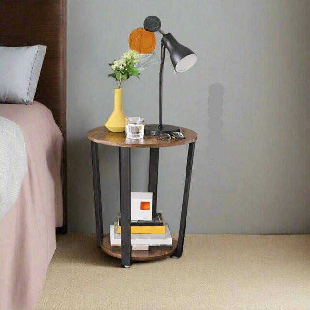 Rackhams Round Industrial Side Table – Rustic Brown & Black Steel Frame for Living Room & Bedroom - image 1