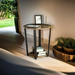Rackhams Round Industrial Side Table – Rustic Brown & Black Steel Frame for Living Room & Bedroom - thumbnail 4