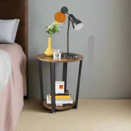Rackhams Round Industrial Side Table – Rustic Brown & Black Steel Frame for Living Room & Bedroom