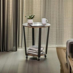 Rackhams Round Industrial Side Table – Rustic Brown & Black Steel Frame for Living Room & Bedroom - thumbnail 2