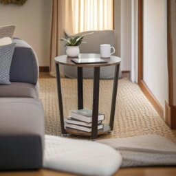 Rackhams Round Industrial Side Table – Rustic Brown & Black Steel Frame for Living Room & Bedroom - thumbnail 3