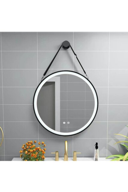 Rackhams D60cm Round Metal LED Mirror with Hanging Strap - Black - image 1