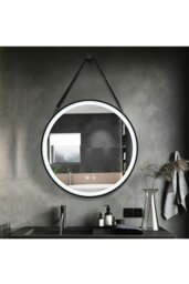 Rackhams D60cm Round Metal LED Mirror with Hanging Strap - Black - thumbnail 3