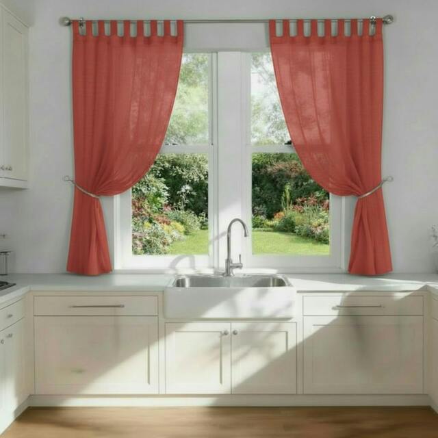 Rackhams Voile Tab Top Curtain Pair with Crystal Tie Backs Sheer Window Panels - Terracotta - 150cm width x 137cm drop - image 1