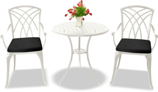 Rackhams OSHOWA Luxurious Garden and Patio Table and 2 Large Chairs with Armrests Cast Aluminium Bistro Set - White with Black Cushions - image 1