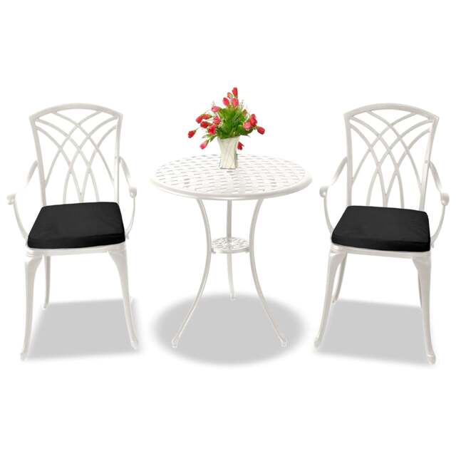 Rackhams OSHOWA Luxurious Garden and Patio Table and 2 Large Chairs with Armrests Cast Aluminium Bistro Set - White with Black Cushions - image 1
