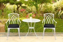 Rackhams OSHOWA Luxurious Garden and Patio Table and 2 Large Chairs with Armrests Cast Aluminium Bistro Set - White with Black Cushions - thumbnail 6