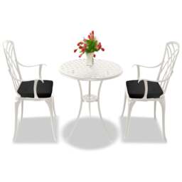 Rackhams OSHOWA Luxurious Garden and Patio Table and 2 Large Chairs with Armrests Cast Aluminium Bistro Set - White with Black Cushions - thumbnail 4