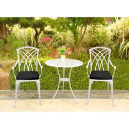 Rackhams OSHOWA Luxurious Garden and Patio Table and 2 Large Chairs with Armrests Cast Aluminium Bistro Set - White with Black Cushions - thumbnail 2