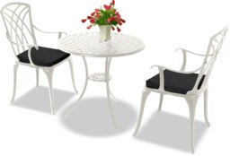 Rackhams OSHOWA Luxurious Garden and Patio Table and 2 Large Chairs with Armrests Cast Aluminium Bistro Set - White with Black Cushions - thumbnail 2