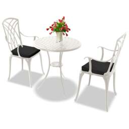 Rackhams OSHOWA Luxurious Garden and Patio Table and 2 Large Chairs with Armrests Cast Aluminium Bistro Set - White with Black Cushions - thumbnail 6