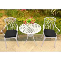 Rackhams OSHOWA Luxurious Garden and Patio Table and 2 Large Chairs with Armrests Cast Aluminium Bistro Set - White with Black Cushions - thumbnail 5