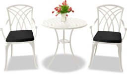 Rackhams OSHOWA Luxurious Garden and Patio Table and 2 Large Chairs with Armrests Cast Aluminium Bistro Set - White with Black Cushions - thumbnail 1