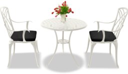 Rackhams OSHOWA Luxurious Garden and Patio Table and 2 Large Chairs with Armrests Cast Aluminium Bistro Set - White with Black Cushions - thumbnail 3