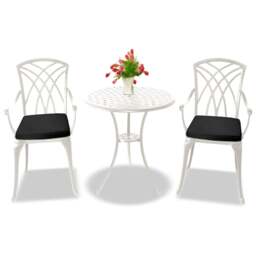 Rackhams OSHOWA Luxurious Garden and Patio Table and 2 Large Chairs with Armrests Cast Aluminium Bistro Set - White with Black Cushions - thumbnail 1