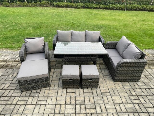 Rackhams 7 Piece Rattan Garden Furniture Set with Patio Sofa Rectangular Dining Table 3 Small Footstools Indoor Conservatory Patio Set - image 1