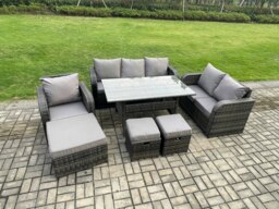 Rackhams 7 Piece Rattan Garden Furniture Set with Patio Sofa Rectangular Dining Table 3 Small Footstools Indoor Conservatory Patio Set - thumbnail 2