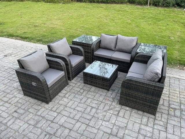 Rackhams 6 Seater Rattan Sofa Set Outdoor Garden Furniture Set with Square Coffee Table Loveseat Sofa Reclining Chairs 2 Side Tables Dark Grey Mixed - image 1