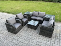 Rackhams 6 Seater Rattan Sofa Set Outdoor Garden Furniture Set with Square Coffee Table Loveseat Sofa Reclining Chairs 2 Side Tables Dark Grey Mixed - thumbnail 1